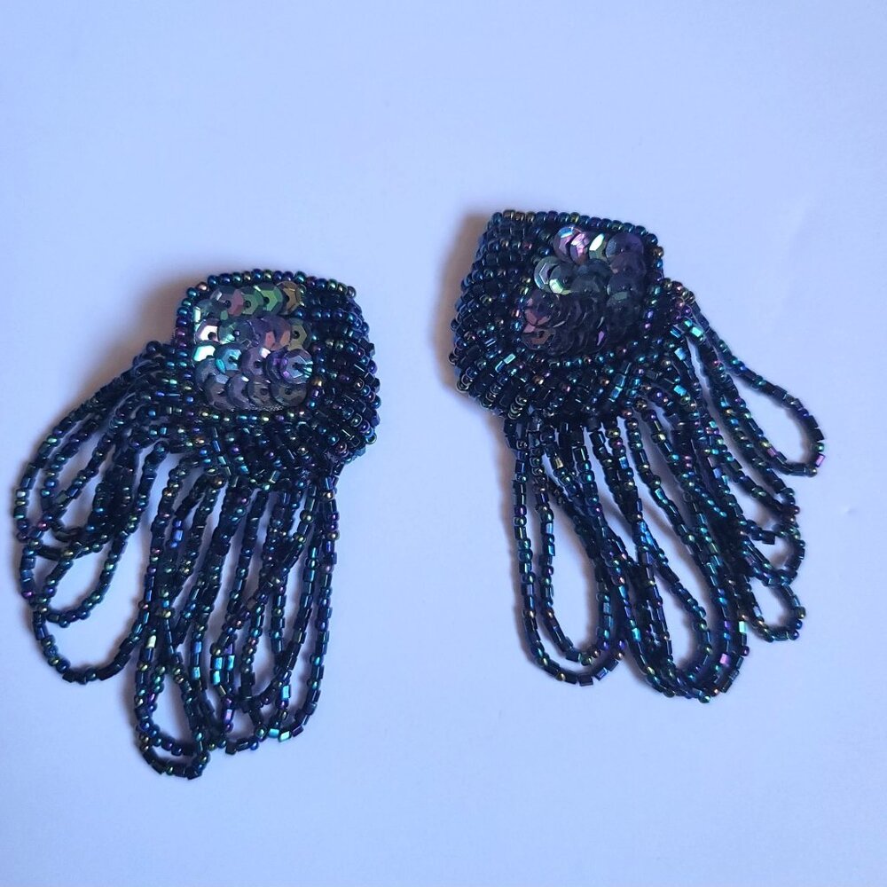 Vintage fringe beaded strands Clip-On Earrings